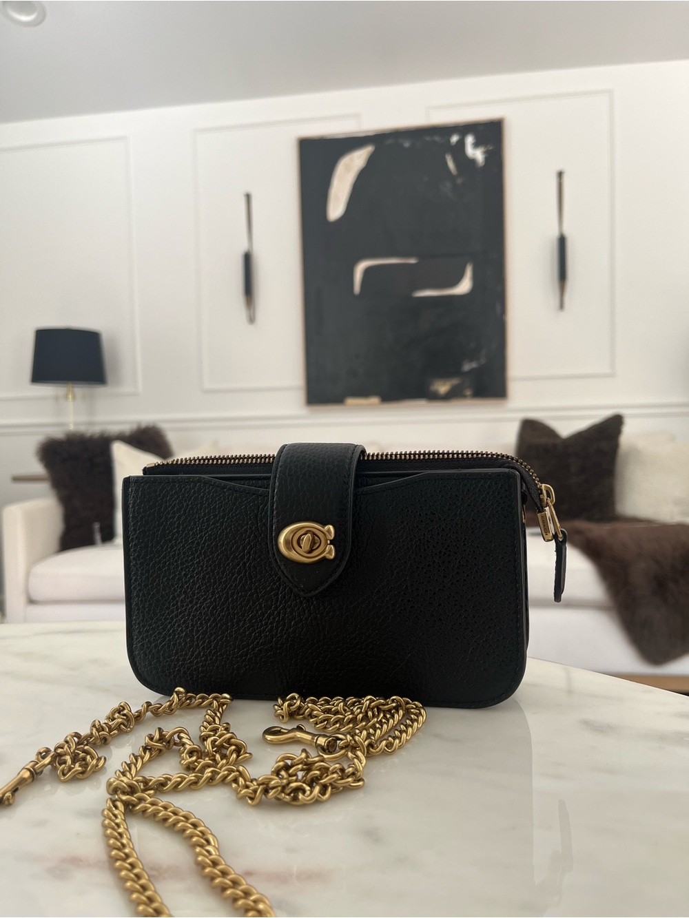 Coach Black Pebbled Leather Chain Crossbody Wallet